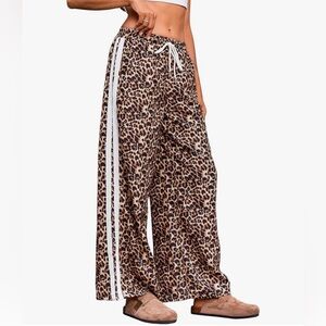 Leopard Print Straight-Leg Pants with White Stripes